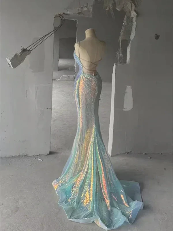Sparkly Spaghetti Straps Sequins Mermaid V-neck Backless Long Prom Dresses Evening Dresses Y7804 by simplepromdress
