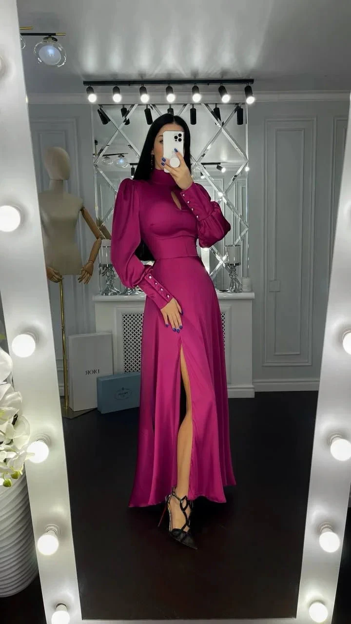 A-line Puff Sleeves Long Evening Dress With Split Y7015 by simplepromdress