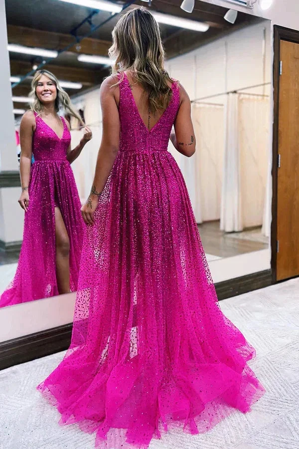Plunging V-Neck High Split Sequins Sparkly Prom Dress Formal Evening Dress Y1905 by simplepromdress