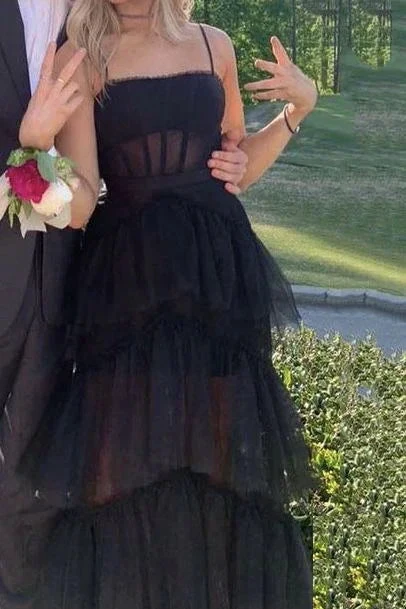 Elegant A-line Layered Tulle Black Prom Dress,Sheer Corset Long Evening Dress,Graduation Dress Y1765 by simplepromdress