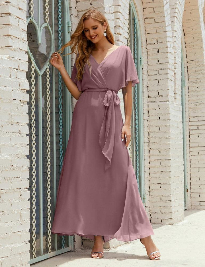 Numbersea V-Neck Bridesmaid Dress Long Formal Dresses with Belt for 28022 by numbersea