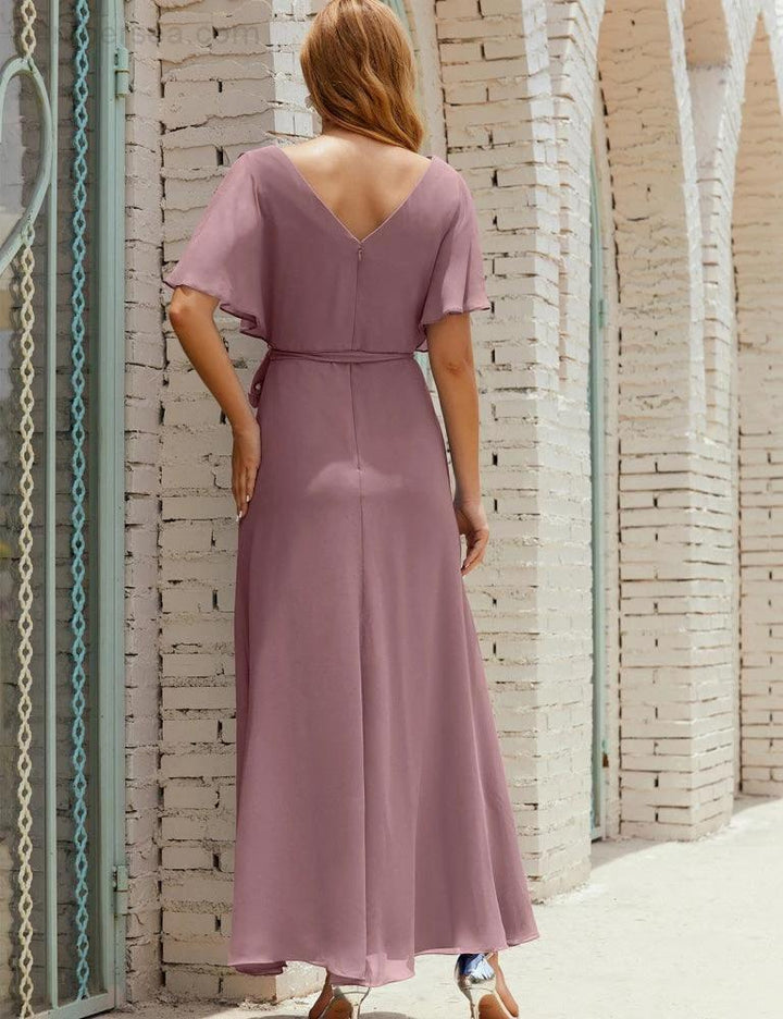 Numbersea V-Neck Bridesmaid Dress Long Formal Dresses with Belt for 28022 by numbersea