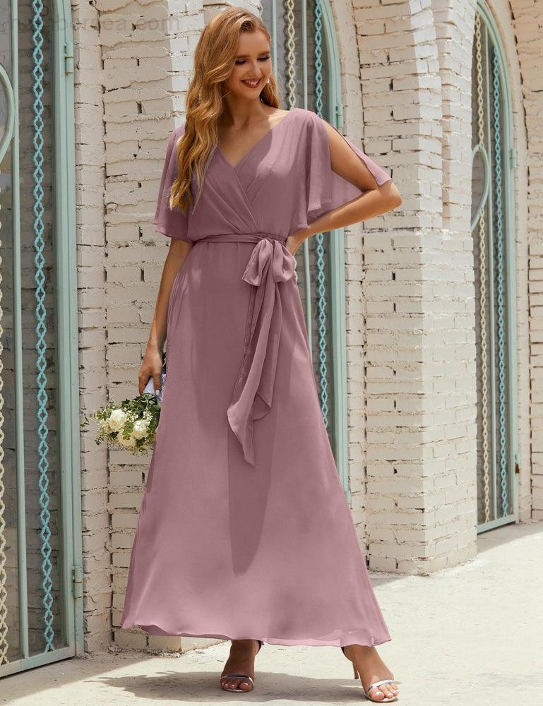 Numbersea V-Neck Bridesmaid Dress Long Formal Dresses with Belt for 28022 by numbersea