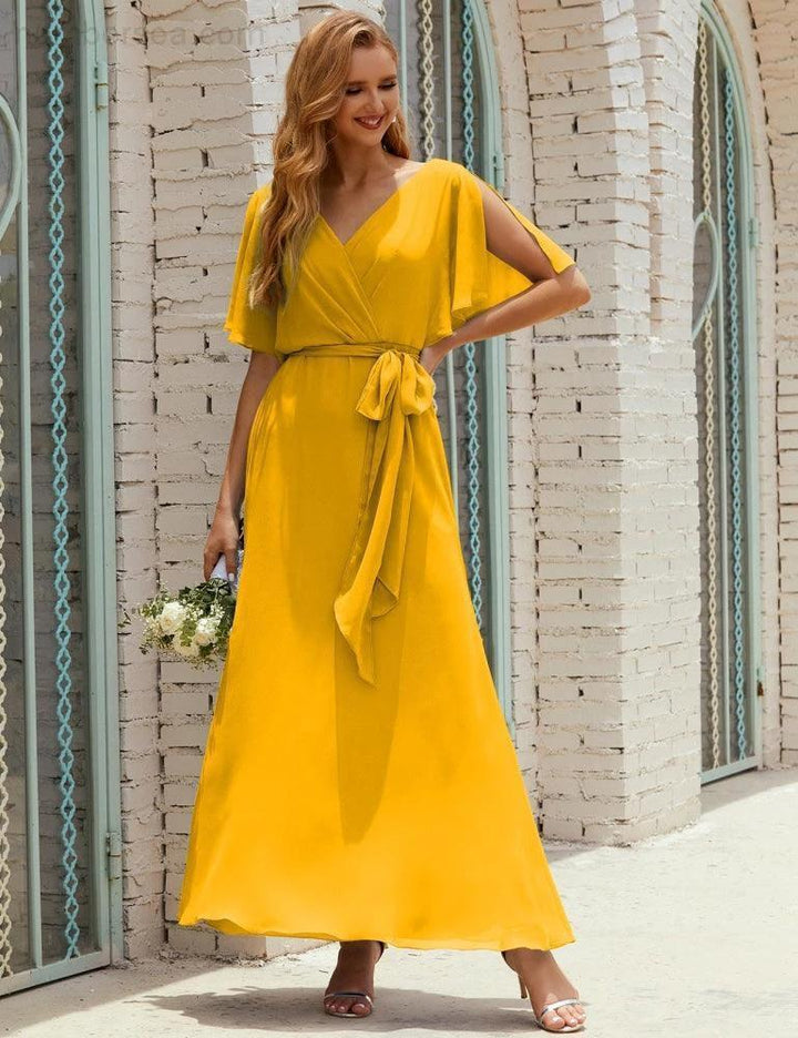 Numbersea V-Neck Bridesmaid Dress Long Formal Dresses with Belt for 28022 by numbersea