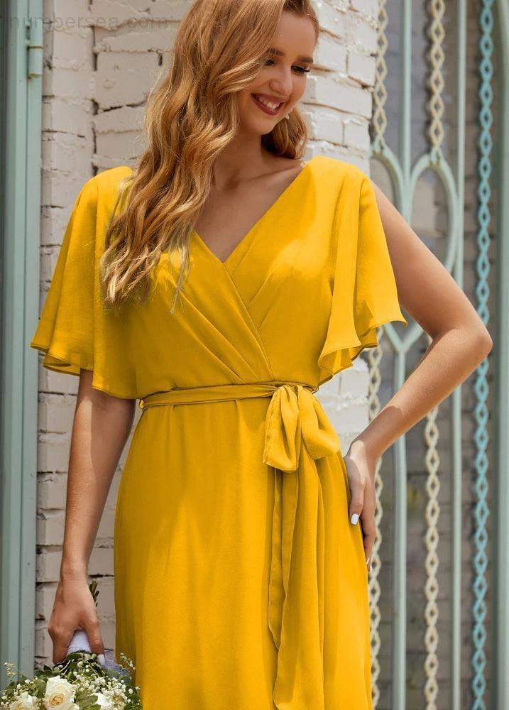 Numbersea V-Neck Bridesmaid Dress Long Formal Dresses with Belt for 28022 by numbersea
