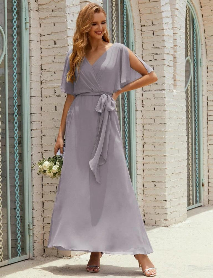 Numbersea V-Neck Bridesmaid Dress Long Formal Dresses with Belt for 28022 by numbersea