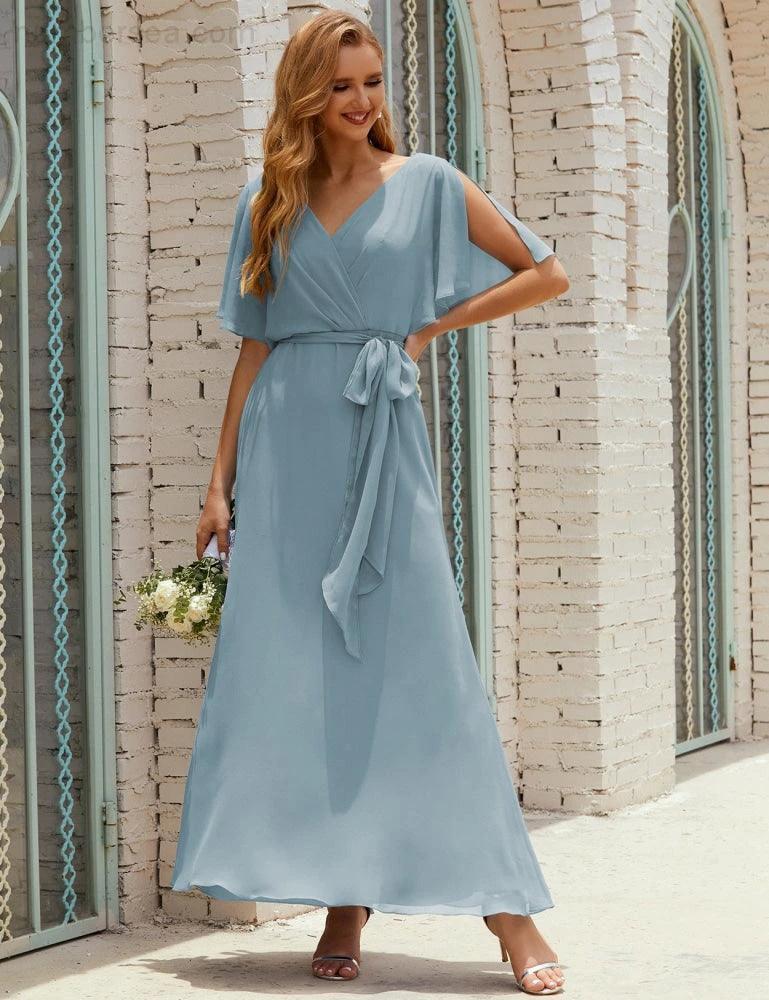 Numbersea V-Neck Bridesmaid Dress Long Formal Dresses with Belt for 28022 by numbersea