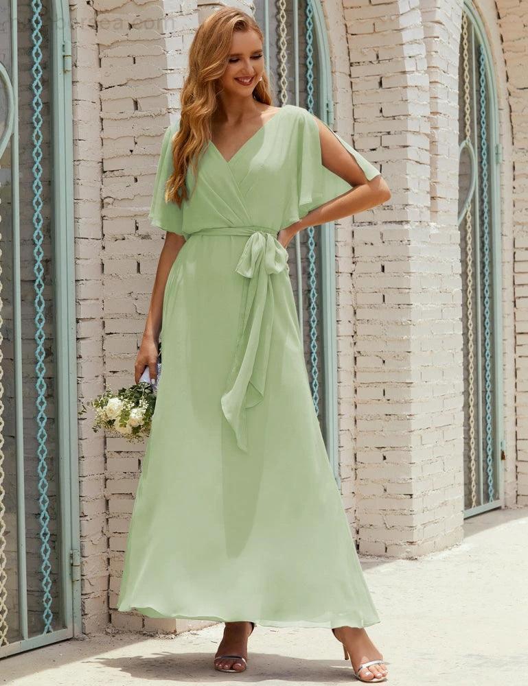 Numbersea V-Neck Bridesmaid Dress Long Formal Dresses with Belt for 28022 by numbersea