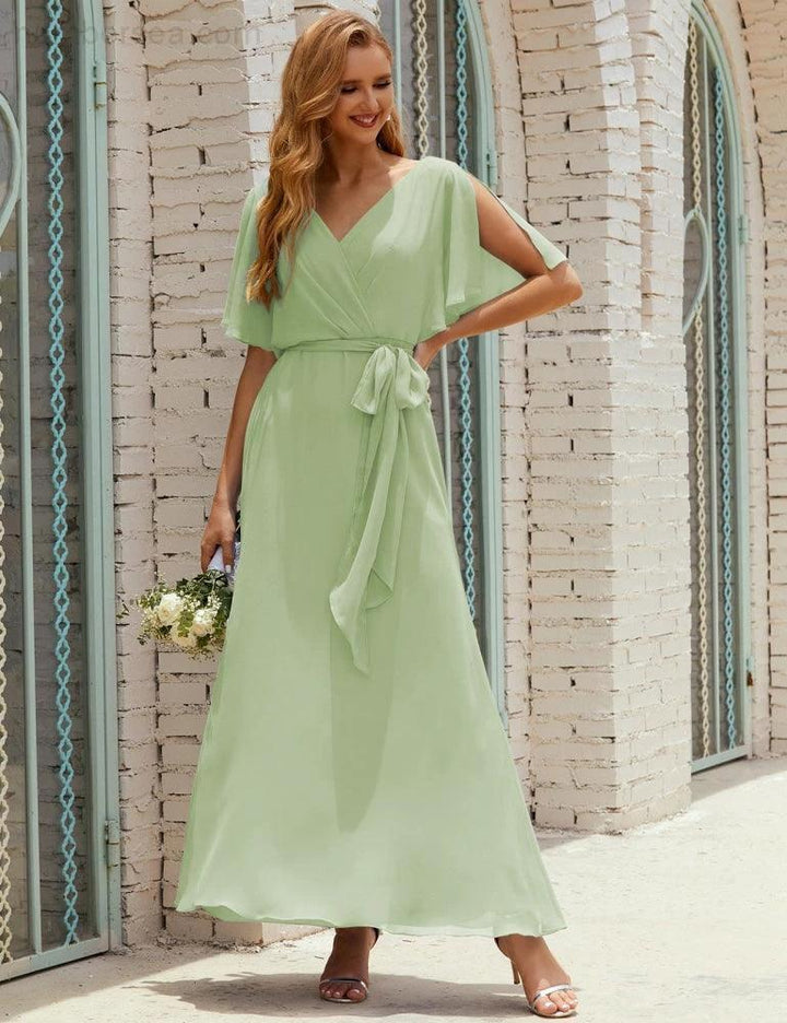 Numbersea V-Neck Bridesmaid Dress Long Formal Dresses with Belt for 28022 by numbersea