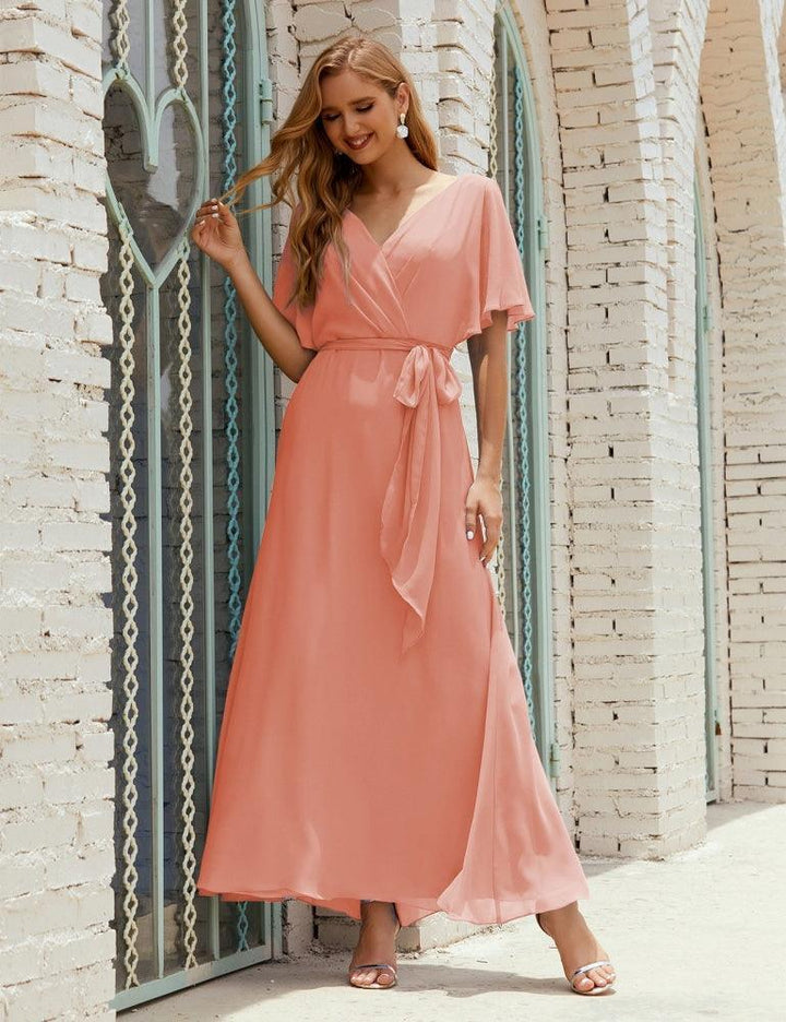 Numbersea V-Neck Bridesmaid Dress Long Formal Dresses with Belt for 28022 by numbersea