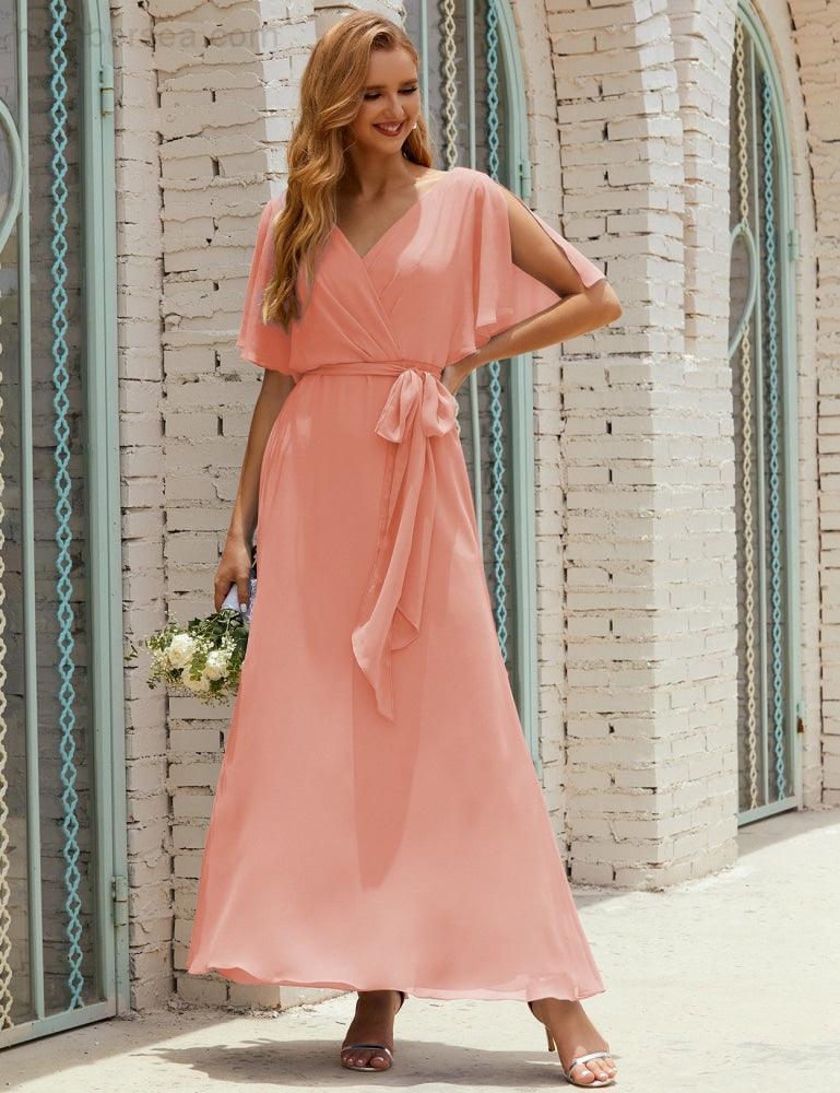 Numbersea V-Neck Bridesmaid Dress Long Formal Dresses with Belt for 28022 by numbersea