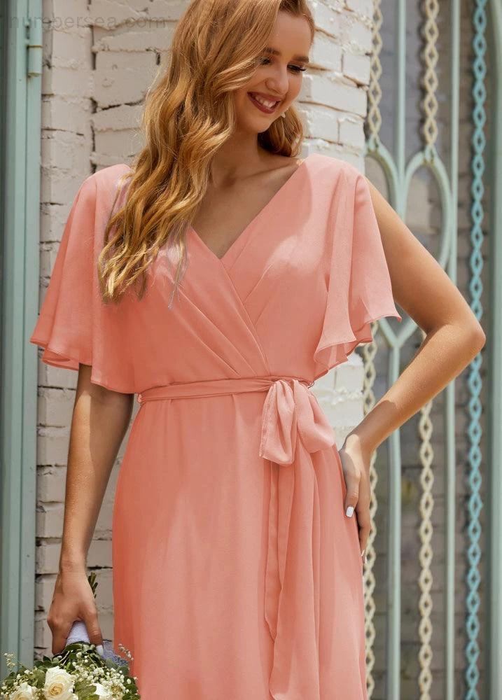 Numbersea V-Neck Bridesmaid Dress Long Formal Dresses with Belt for 28022 by numbersea