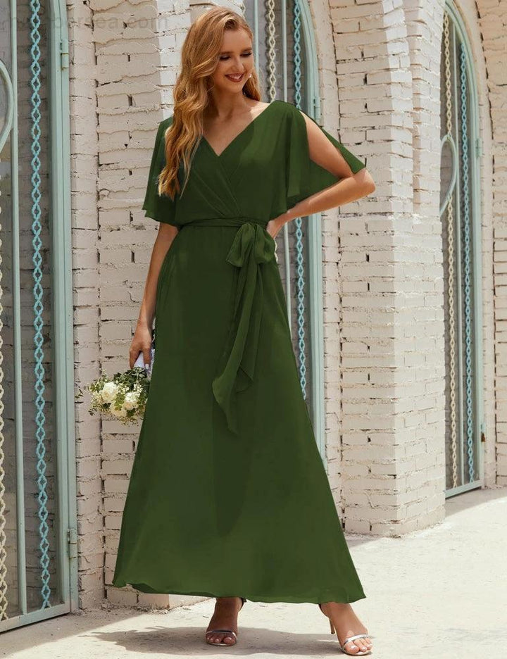 Numbersea V-Neck Bridesmaid Dress Long Formal Dresses with Belt for 28022 by numbersea