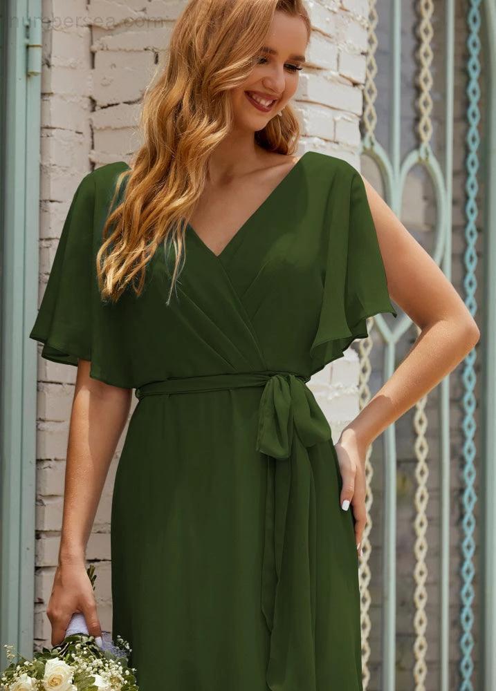 Numbersea V-Neck Bridesmaid Dress Long Formal Dresses with Belt for 28022 by numbersea