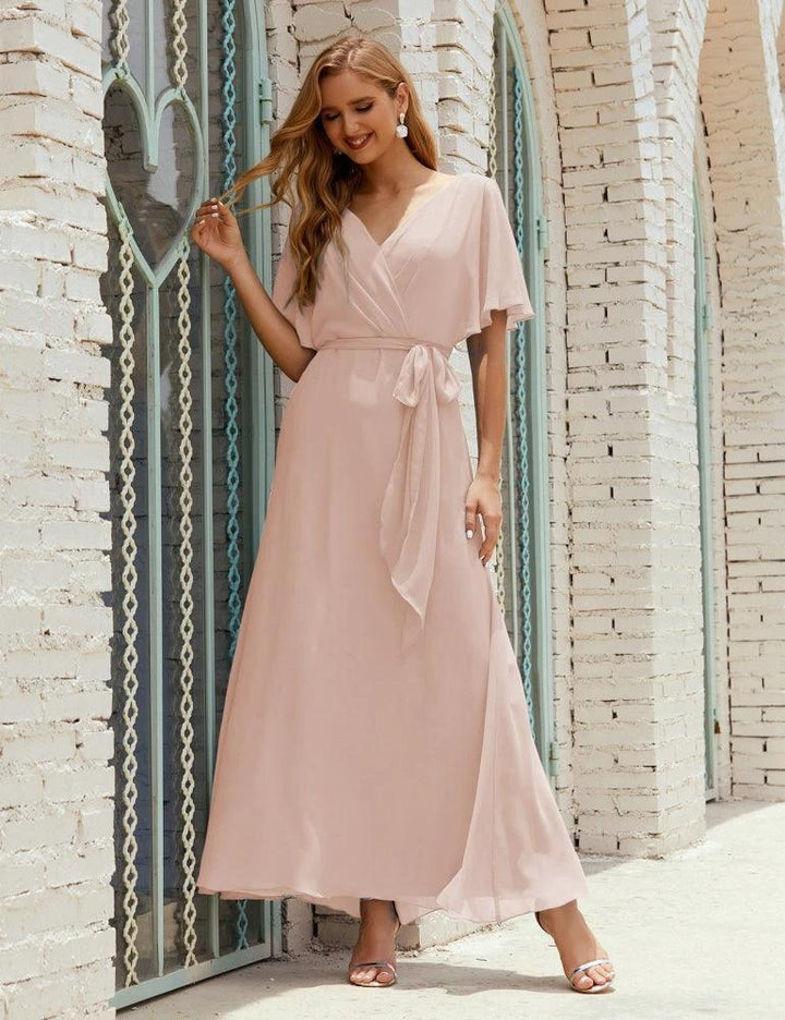 Numbersea V-Neck Bridesmaid Dress Long Formal Dresses with Belt for 28022 by numbersea