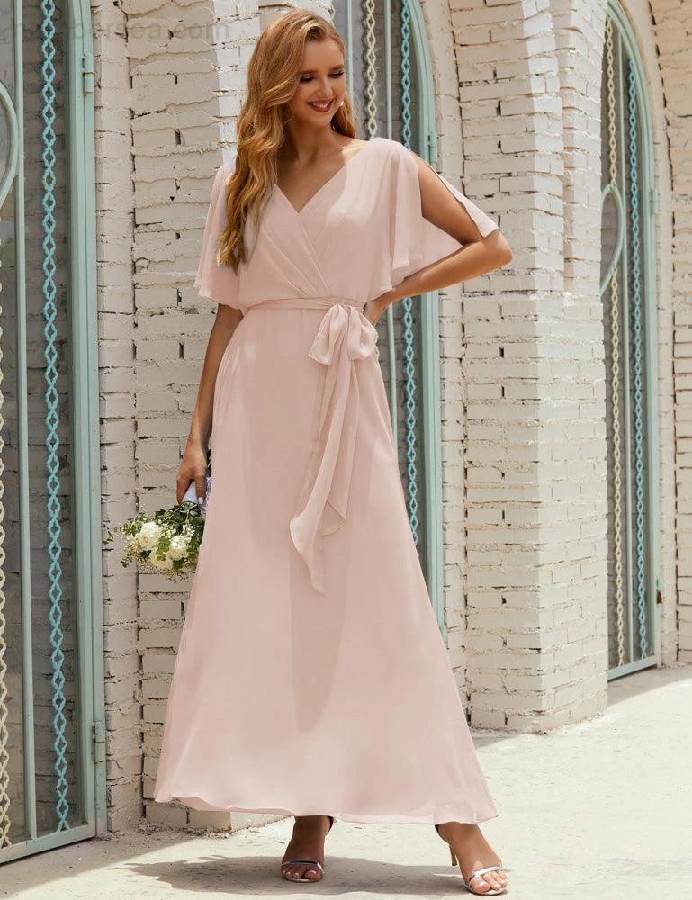 Numbersea V-Neck Bridesmaid Dress Long Formal Dresses with Belt for 28022 by numbersea