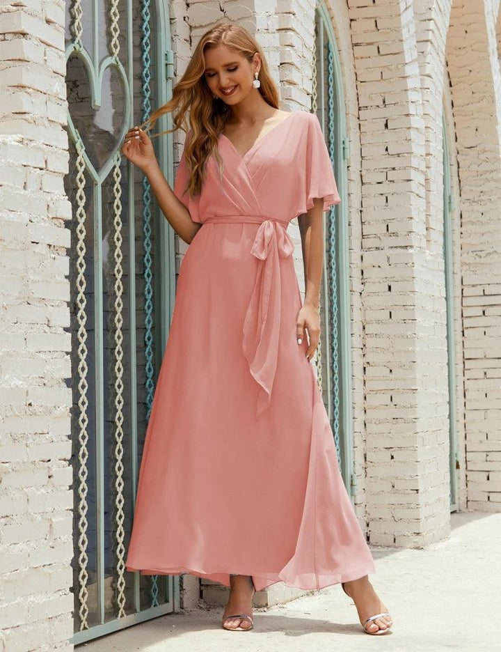 Numbersea V-Neck Bridesmaid Dress Long Formal Dresses with Belt for 28022 by numbersea