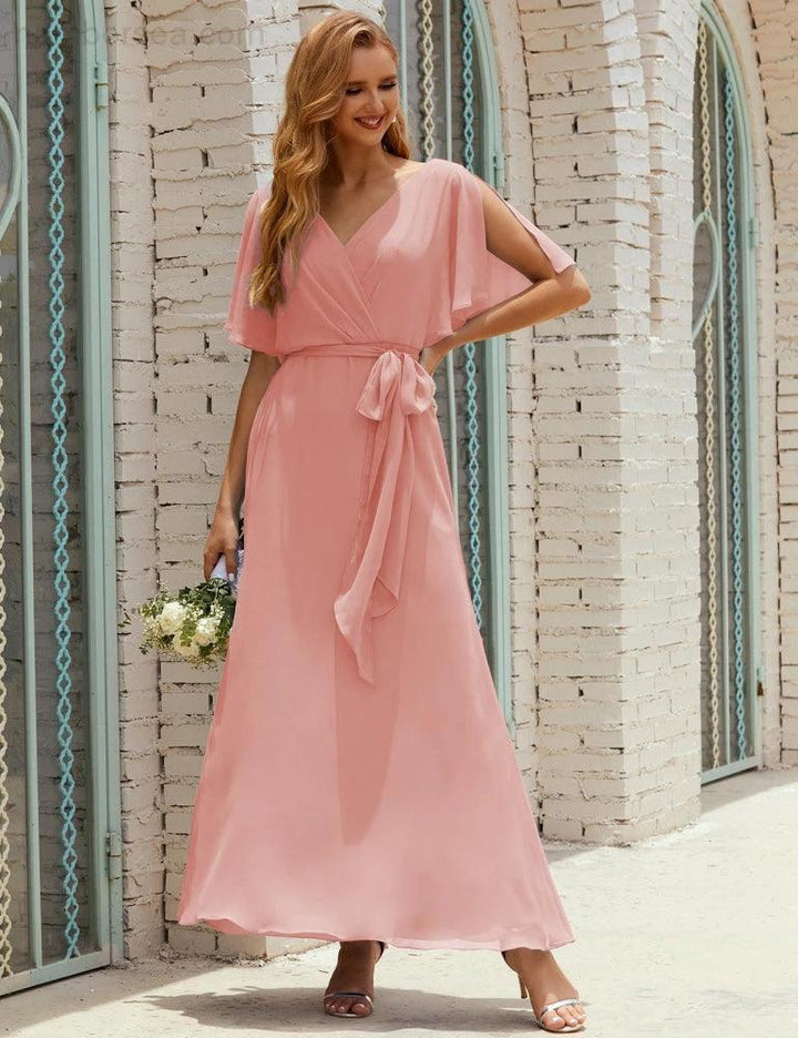 Numbersea V-Neck Bridesmaid Dress Long Formal Dresses with Belt for 28022 by numbersea