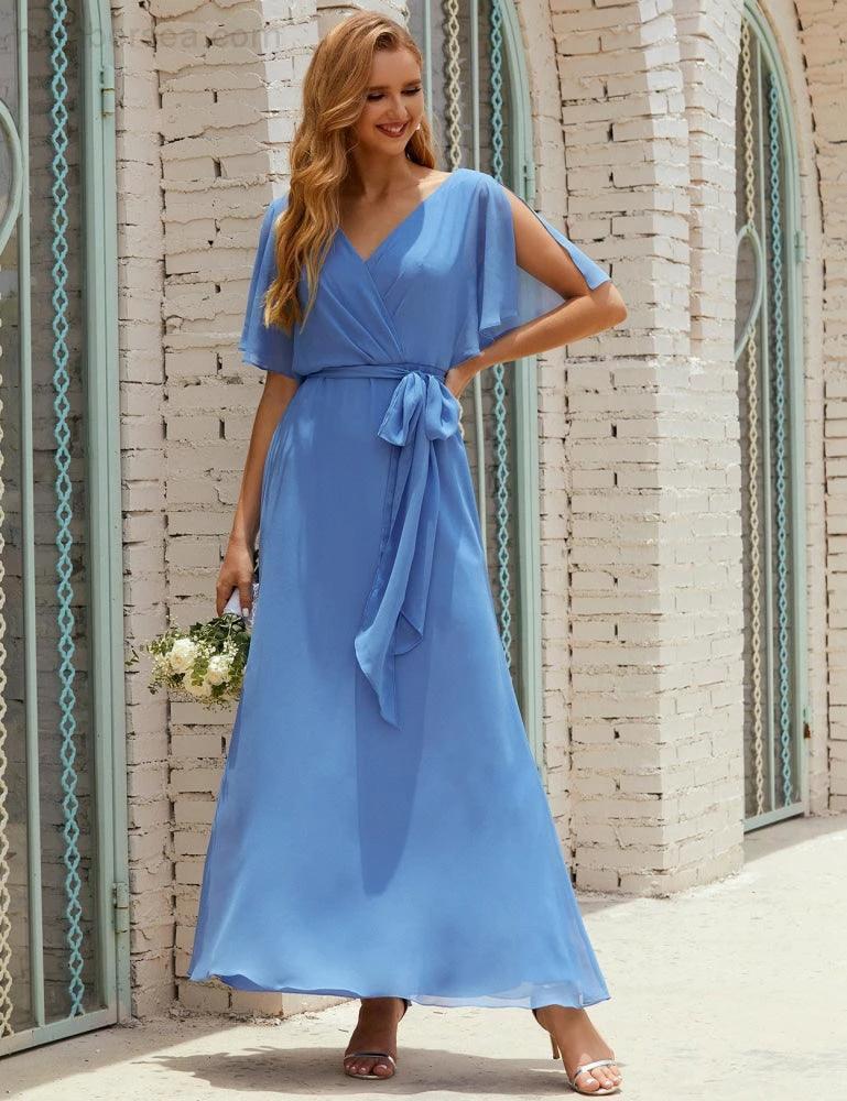 Numbersea V-Neck Bridesmaid Dress Long Formal Dresses with Belt for 28022 by numbersea