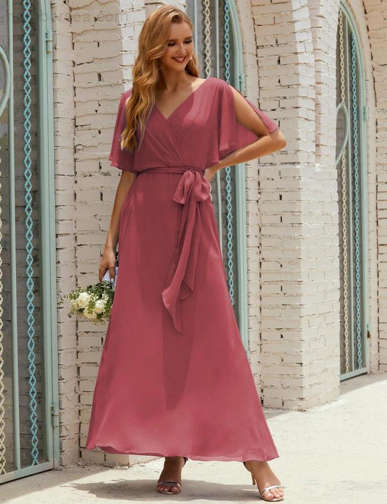 Numbersea V-Neck Bridesmaid Dress Long Formal Dresses with Belt for 28022 by numbersea