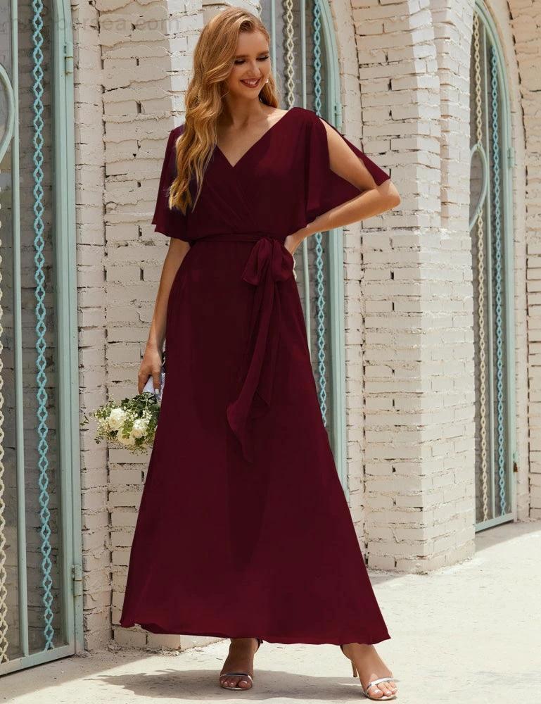 Numbersea V-Neck Bridesmaid Dress Long Formal Dresses with Belt for 28022 by numbersea
