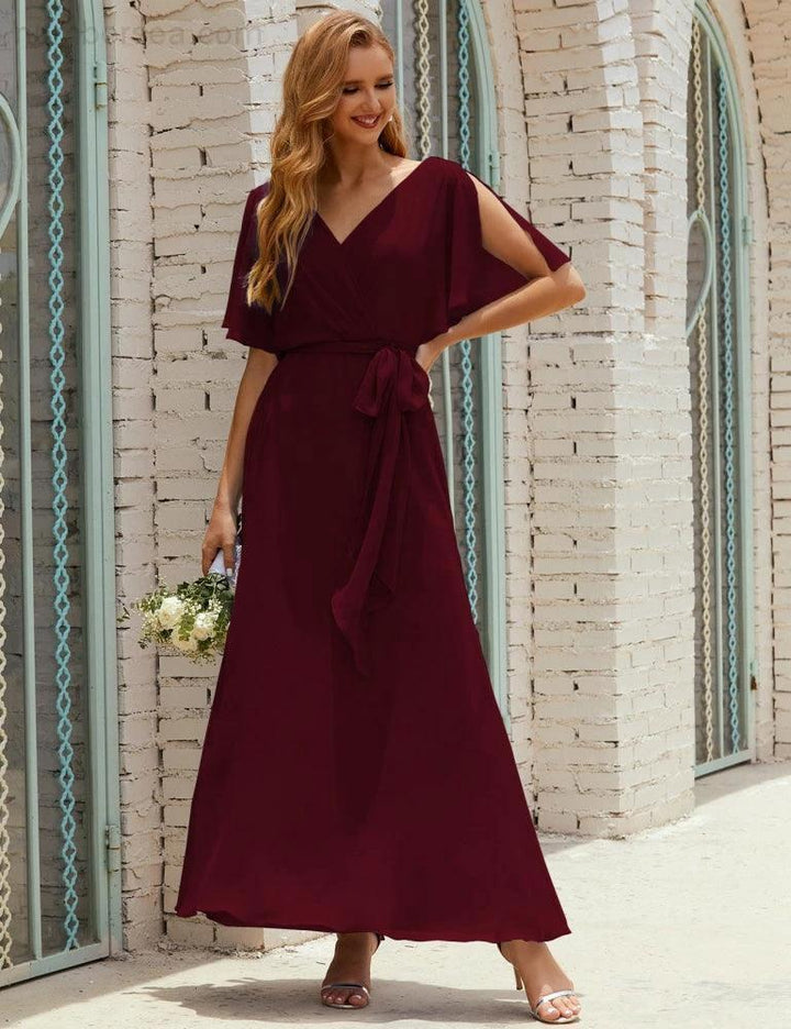 Numbersea V-Neck Bridesmaid Dress Long Formal Dresses with Belt for 28022 by numbersea
