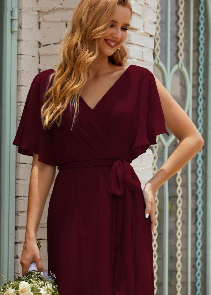 Numbersea V-Neck Bridesmaid Dress Long Formal Dresses with Belt for 28022 by numbersea