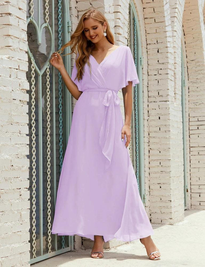 Numbersea V-Neck Bridesmaid Dress Long Formal Dresses with Belt for 28022 by numbersea