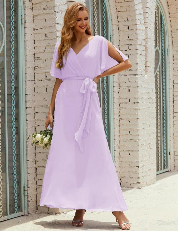Numbersea V-Neck Bridesmaid Dress Long Formal Dresses with Belt for 28022 by numbersea