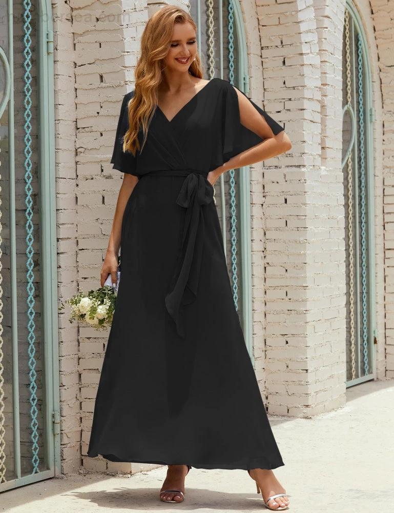 Numbersea V-Neck Bridesmaid Dress Long Formal Dresses with Belt for 28022 by numbersea