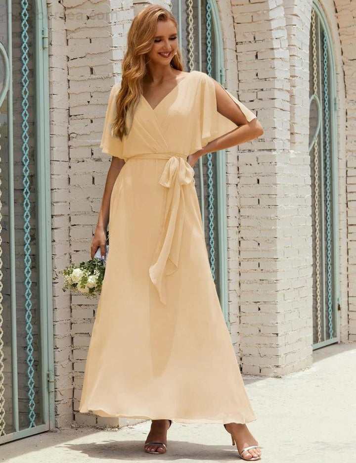 Numbersea V-Neck Bridesmaid Dress Long Formal Dresses with Belt for 28022 by numbersea