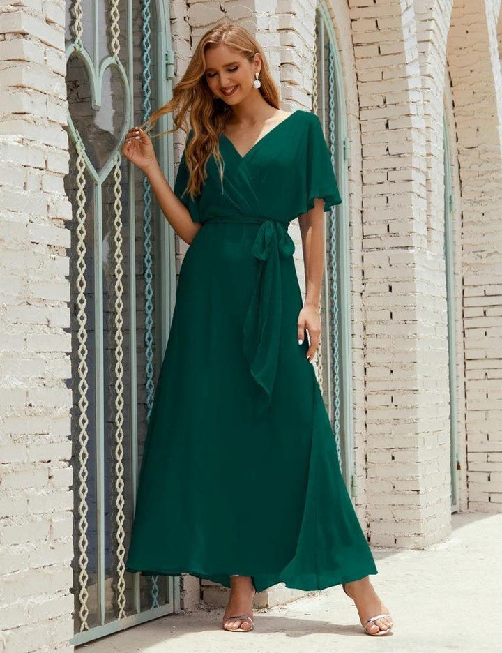 Numbersea V-Neck Bridesmaid Dress Long Formal Dresses with Belt for 28022 by numbersea