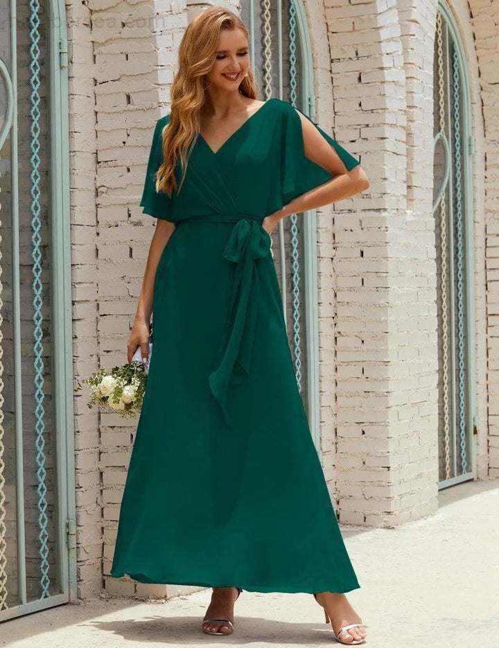 Numbersea V-Neck Bridesmaid Dress Long Formal Dresses with Belt for 28022 by numbersea