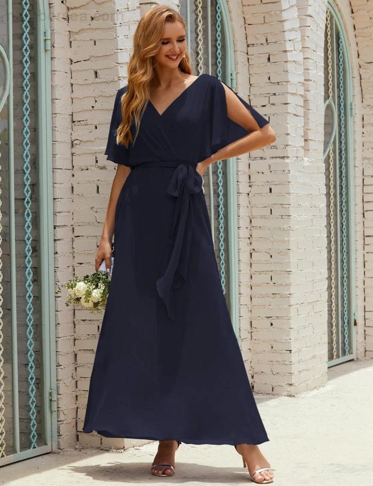 Numbersea V-Neck Bridesmaid Dress Long Formal Dresses with Belt for 28022 by numbersea