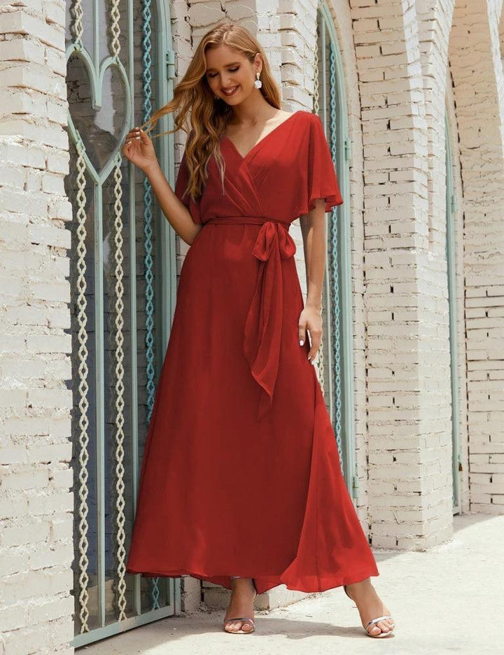 Numbersea V-Neck Bridesmaid Dress Long Formal Dresses with Belt for 28022 by numbersea