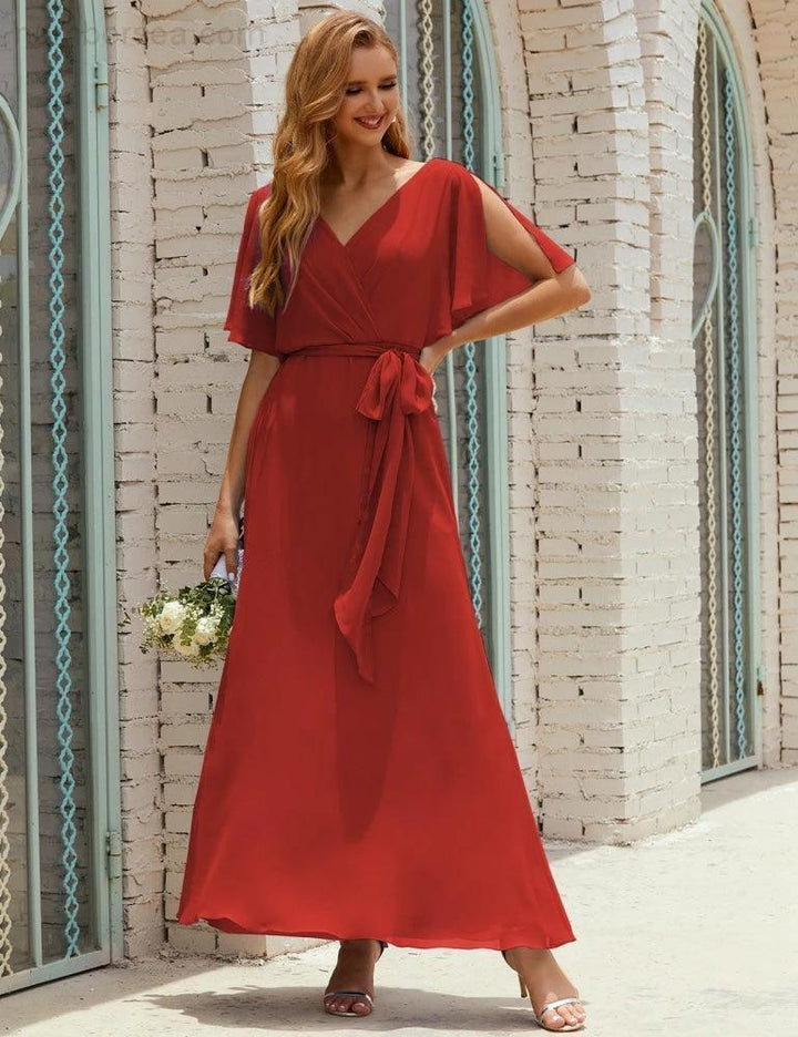 Numbersea V-Neck Bridesmaid Dress Long Formal Dresses with Belt for 28022 by numbersea