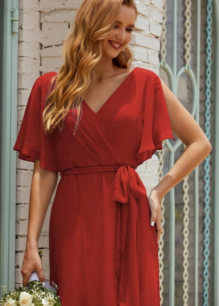 Numbersea V-Neck Bridesmaid Dress Long Formal Dresses with Belt for 28022 by numbersea