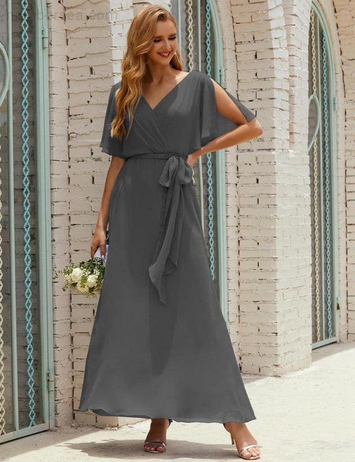 Numbersea V-Neck Bridesmaid Dress Long Formal Dresses with Belt for 28022 by numbersea
