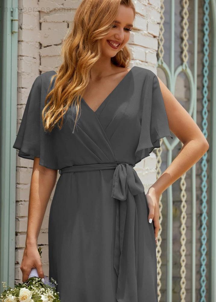 Numbersea V-Neck Bridesmaid Dress Long Formal Dresses with Belt for 28022 by numbersea