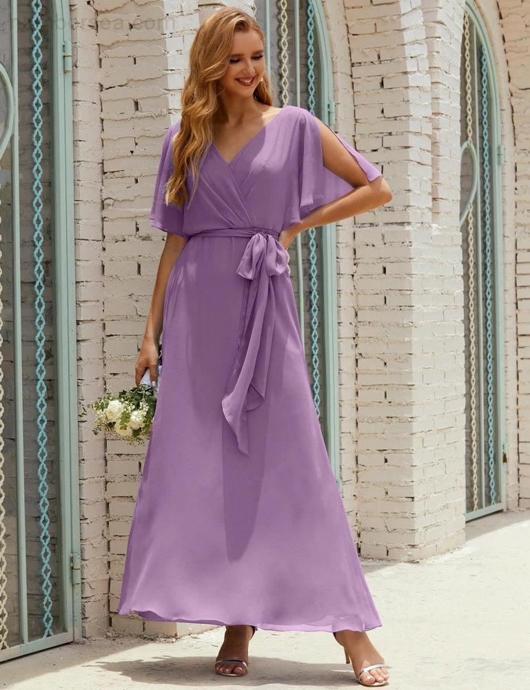 Numbersea V-Neck Bridesmaid Dress Long Formal Dresses with Belt for 28022 by numbersea