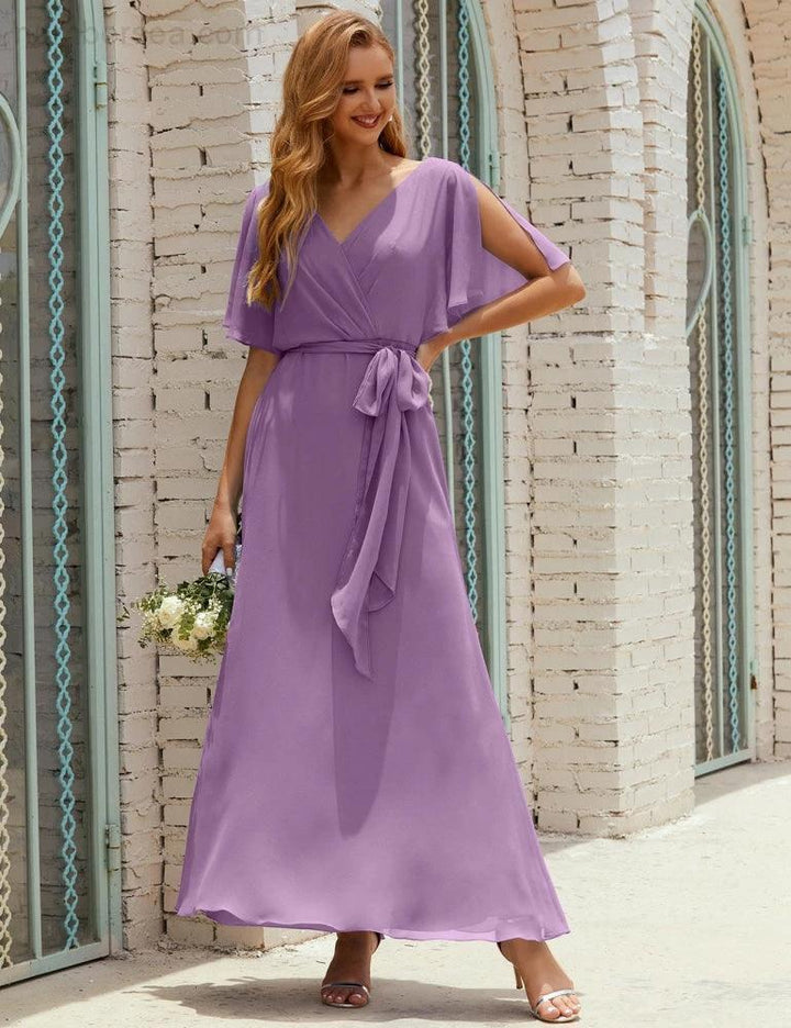 Numbersea V-Neck Bridesmaid Dress Long Formal Dresses with Belt for 28022 by numbersea