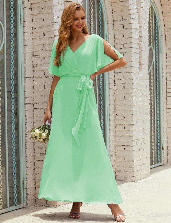 Numbersea V-Neck Bridesmaid Dress Long Formal Dresses with Belt for 28022 by numbersea