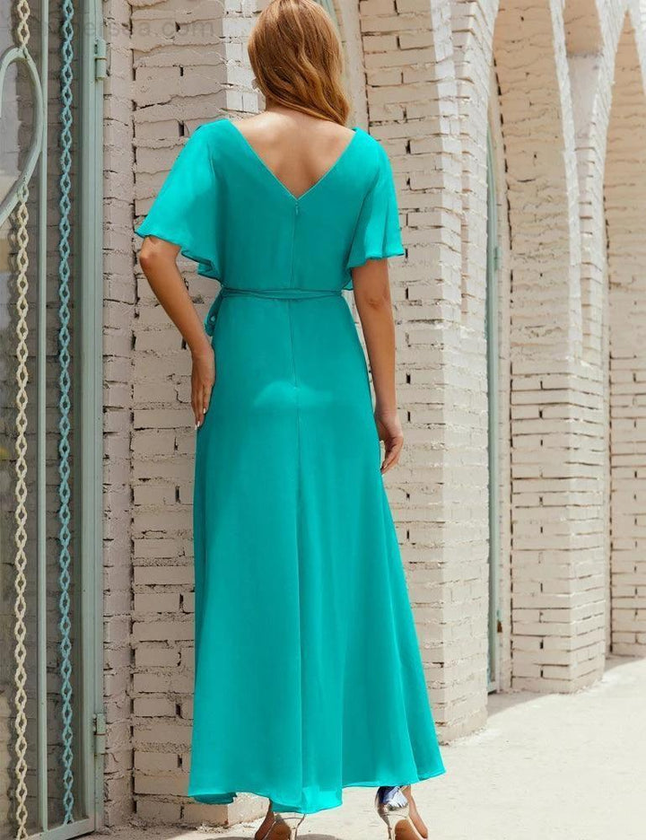 Numbersea V-Neck Bridesmaid Dress Long Formal Dresses with Belt for 28022 by numbersea