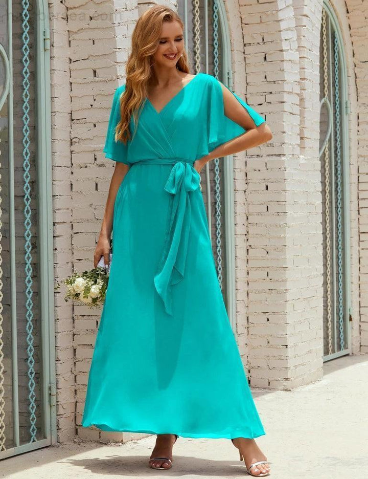 Numbersea V-Neck Bridesmaid Dress Long Formal Dresses with Belt for 28022 by numbersea