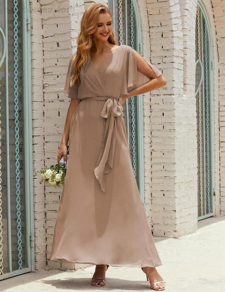 Numbersea V-Neck Bridesmaid Dress Long Formal Dresses with Belt for 28022 by numbersea