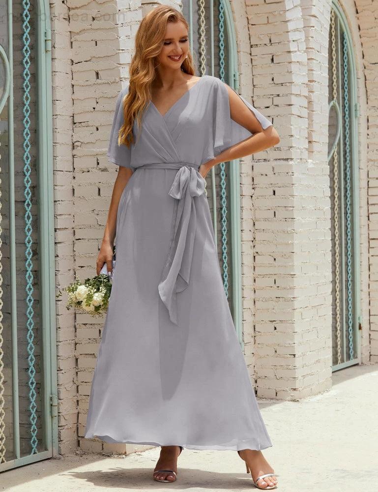 Numbersea V-Neck Bridesmaid Dress Long Formal Dresses with Belt for 28022 by numbersea