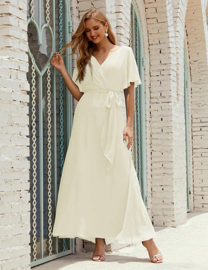 Numbersea V-Neck Bridesmaid Dress Long Formal Dresses with Belt for 28022 by numbersea