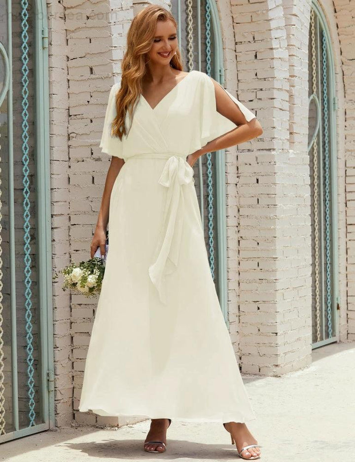 Numbersea V-Neck Bridesmaid Dress Long Formal Dresses with Belt for 28022 by numbersea