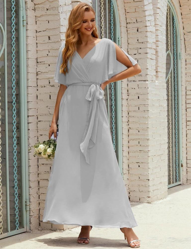 Numbersea V-Neck Bridesmaid Dress Long Formal Dresses with Belt for 28022 by numbersea