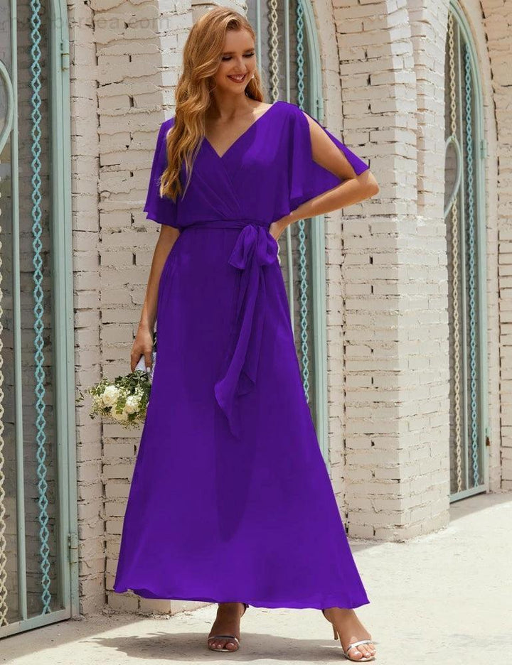 Numbersea V-Neck Bridesmaid Dress Long Formal Dresses with Belt for 28022 by numbersea